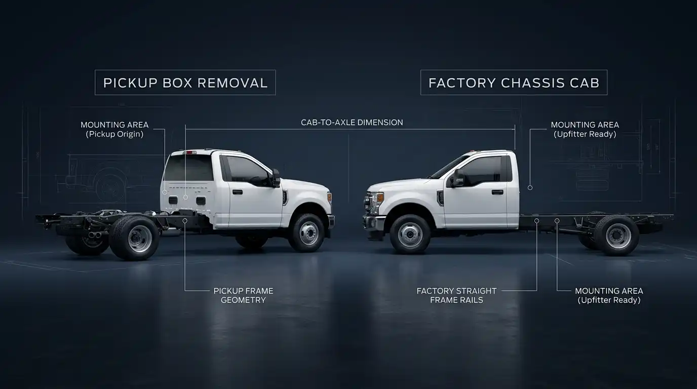 Comparison of a pickup truck with the bed removed and a factory chassis-cab truck