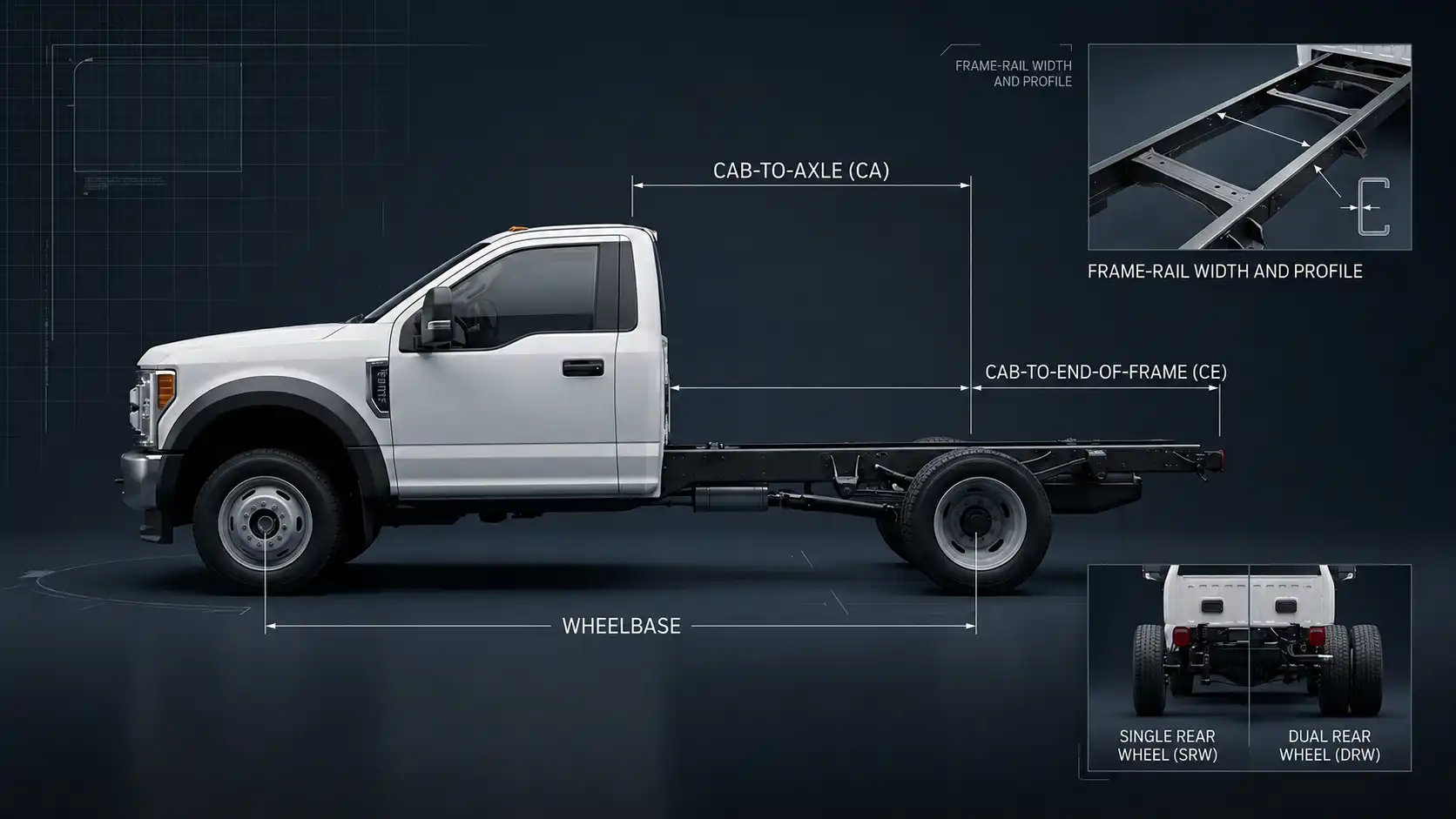 Commercial truck chassis showing cab-to-axle, wheelbase, and frame measurements