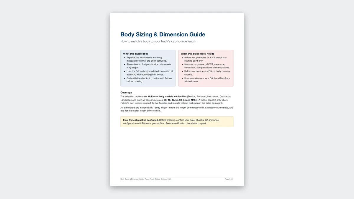 First page of the Falcon Body Sizing & Dimension Guide: How to match a body to your truck's cab-to-axle length.