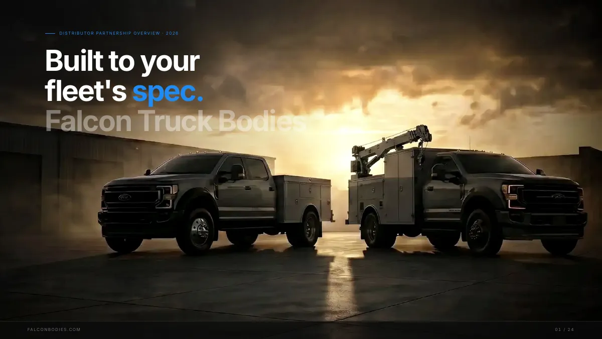 Cover of the Falcon Distributor Partnership Overview: two Falcon service bodies at dusk under the line Built to your fleet's spec.