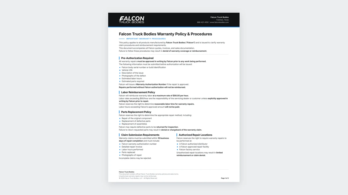 Page 1 of the Falcon Truck Bodies Warranty Policy & Procedures PDF